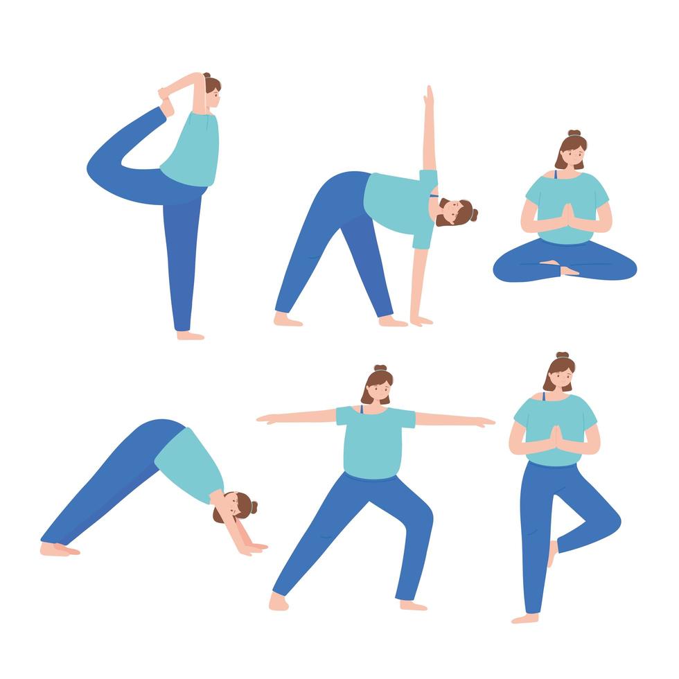 personas que practican yoga diferentes ejercicios de pose, estilo de vida saludable, conjunto de práctica física y espiritual vector