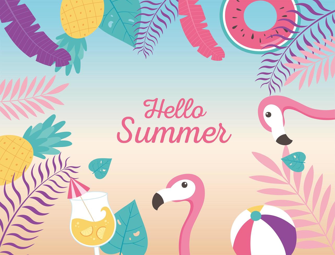 flamingos ball float cocktail pineapple exotic tropical leaves, hello summer lettering vector