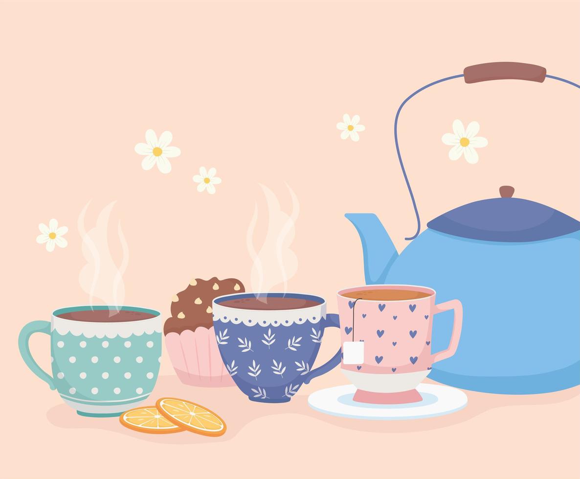 la hora del café y el té, tazas de tetera azul y postre dulce de cupcake vector