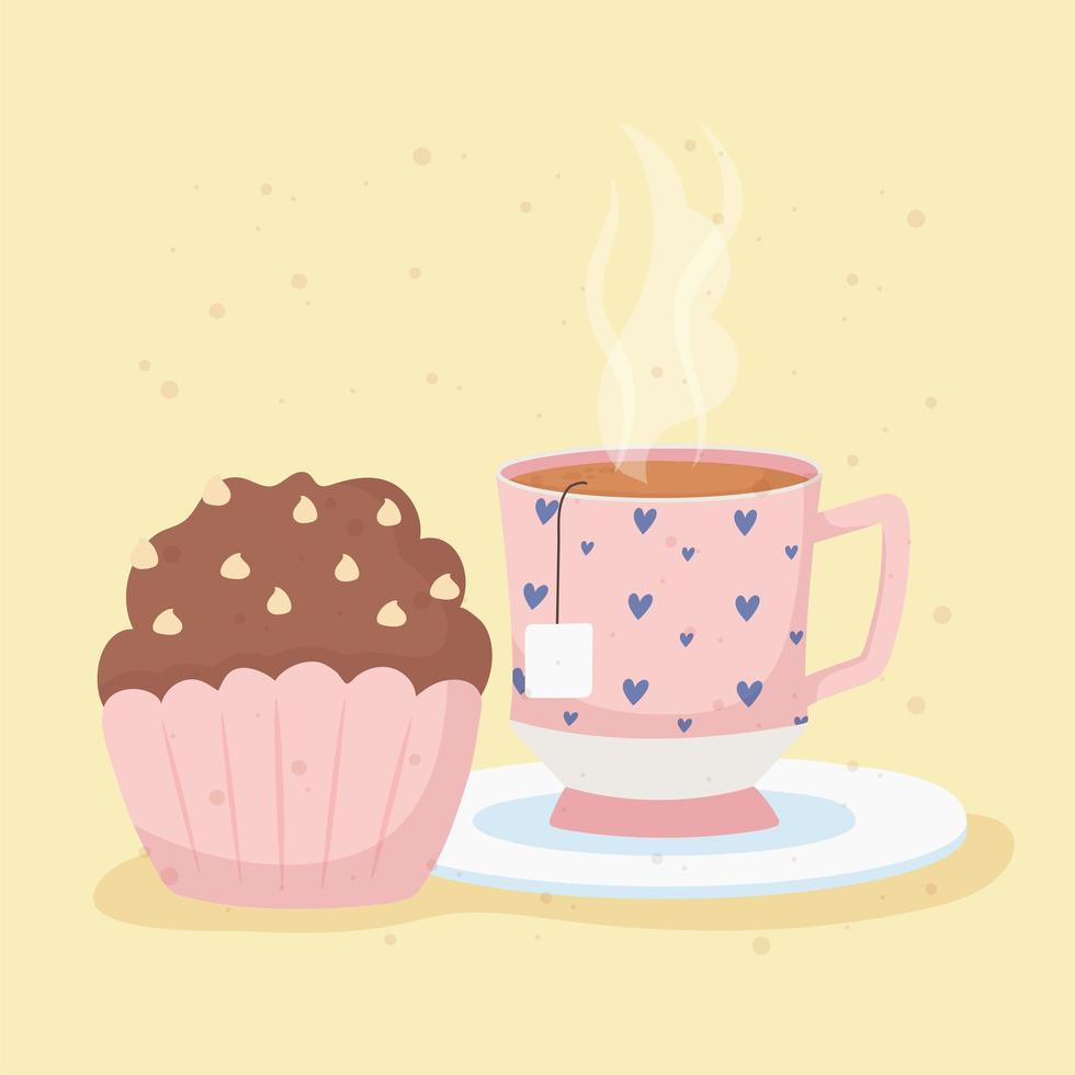 La hora del café y la taza de té en el plato y postre cupcake vector