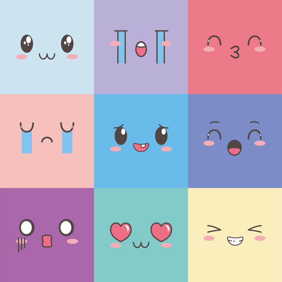 kawaii faces expression cartoon emoticon square color set vector