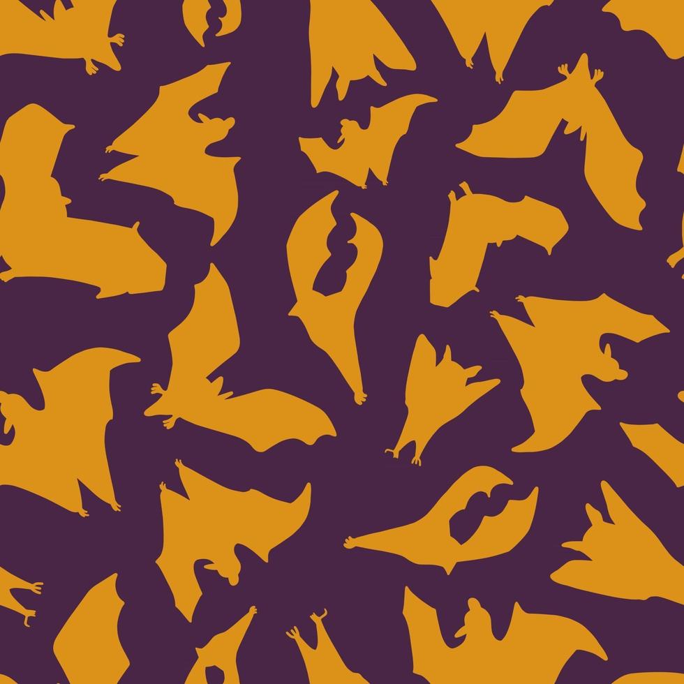 Seamless pattern of bats.Silhouette of orange bats on a purple background. Design for Halloween. Vector stock illustration