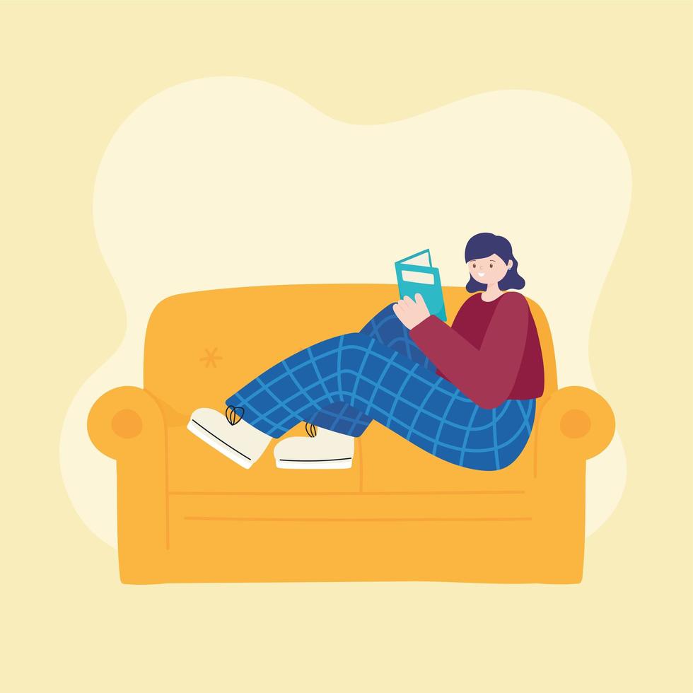 people activities, young woman sitting on sofa reading book vector