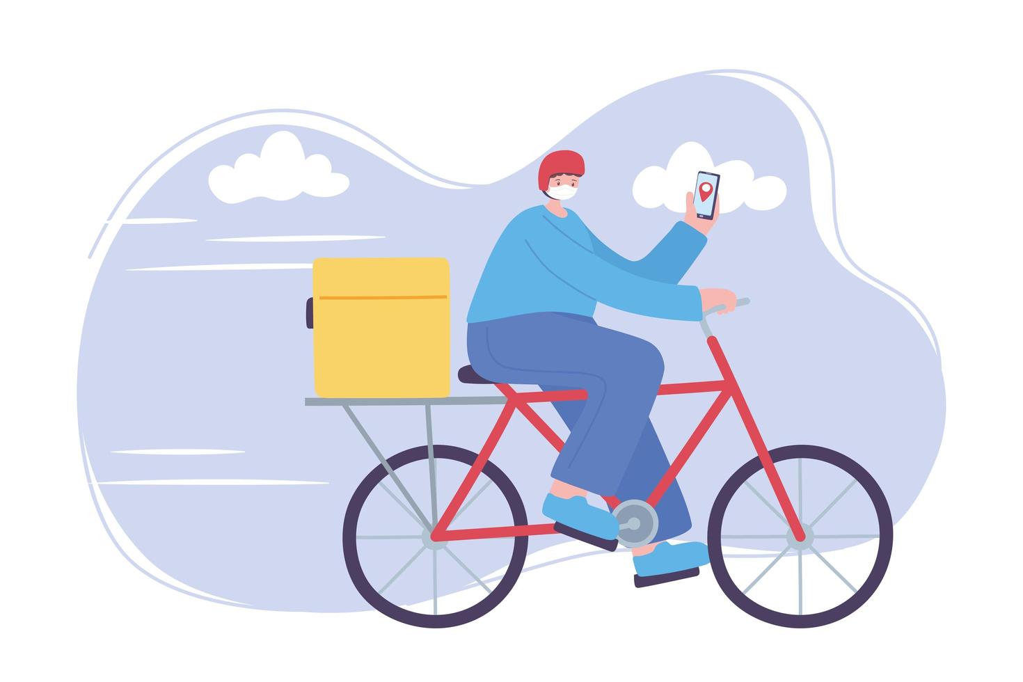 servicio de entrega en línea, hombre en bicicleta con máscara y teléfono inteligente, transporte rápido y gratuito, envío de pedidos vector