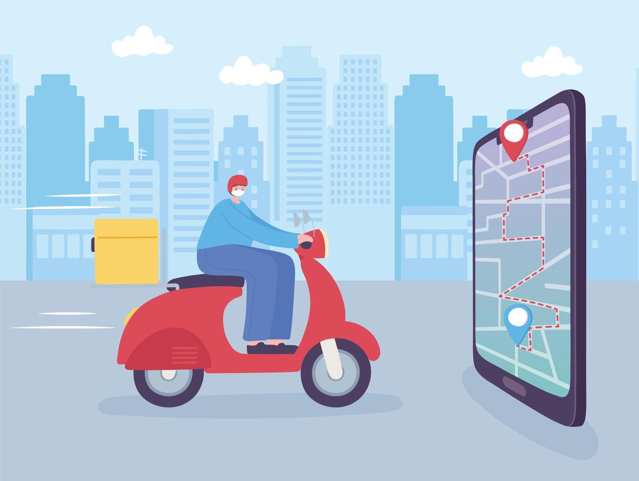 online delivery service, man in moped smartphone navigation map, fast and free transport, order shipping, app website vector