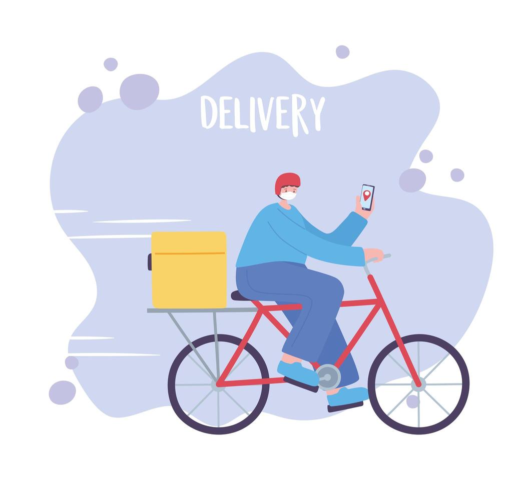 online delivery service, man riding bicycle with mask and smartphone, fast and free transport, order shipping vector