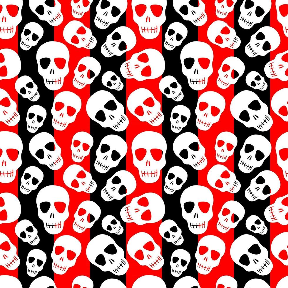 a skull pattern on a black-and-red striped background.Seamless pattern with white skulls.Design for Halloween party, printing, textiles, paper. Vector illustration
