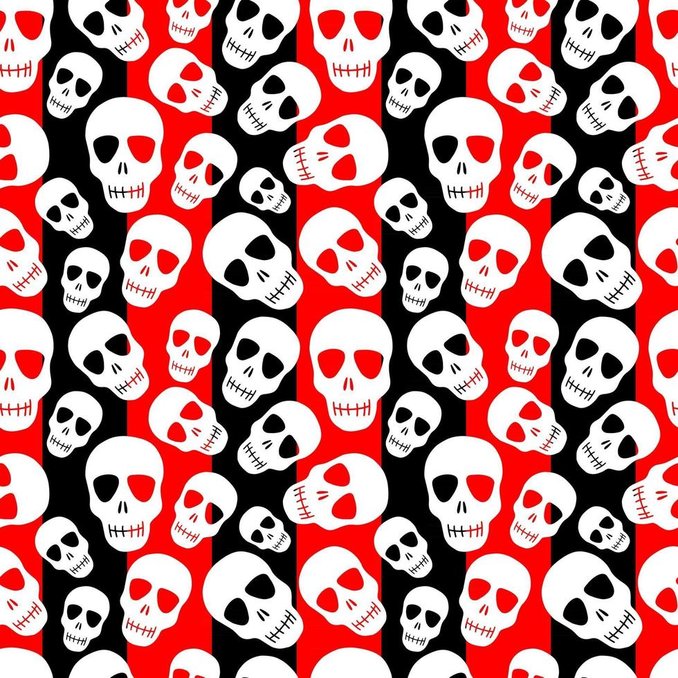 un patrón de calavera sobre un fondo rayado negro y rojo.patrón sin fisuras con calaveras blancas.Diseño para fiesta de halloween, impresión, textiles, papel. ilustración vectorial vector