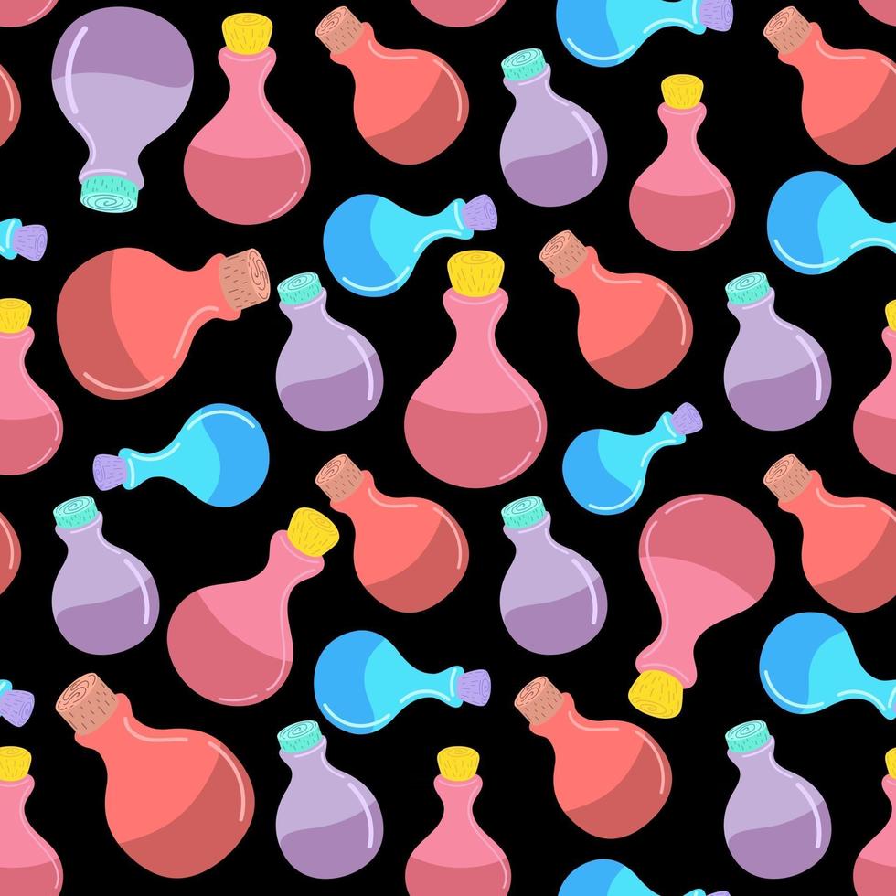 A seamless pattern with magic potions, bottles, jars isolated on a black background. Vector illustration