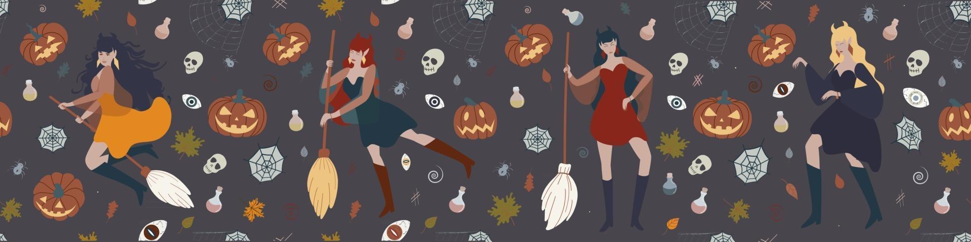 Banner with a witch flying on a broom, pumpkins, potions, spiders and witchcraft elements. Halloween vector flat illustration