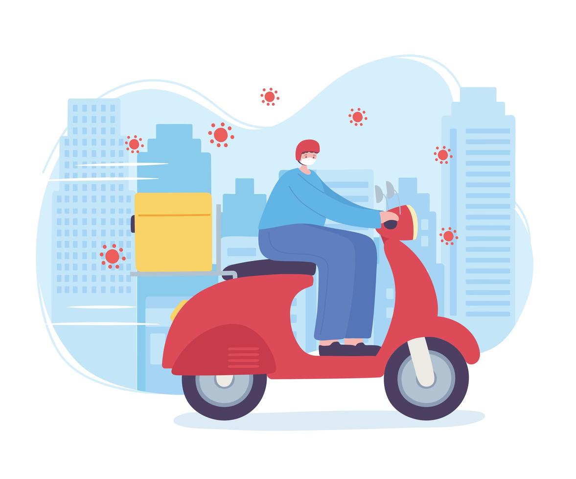 online delivery service, man riding scooter with mask and smartphone, coronavirus covid 19, fast and free transport vector