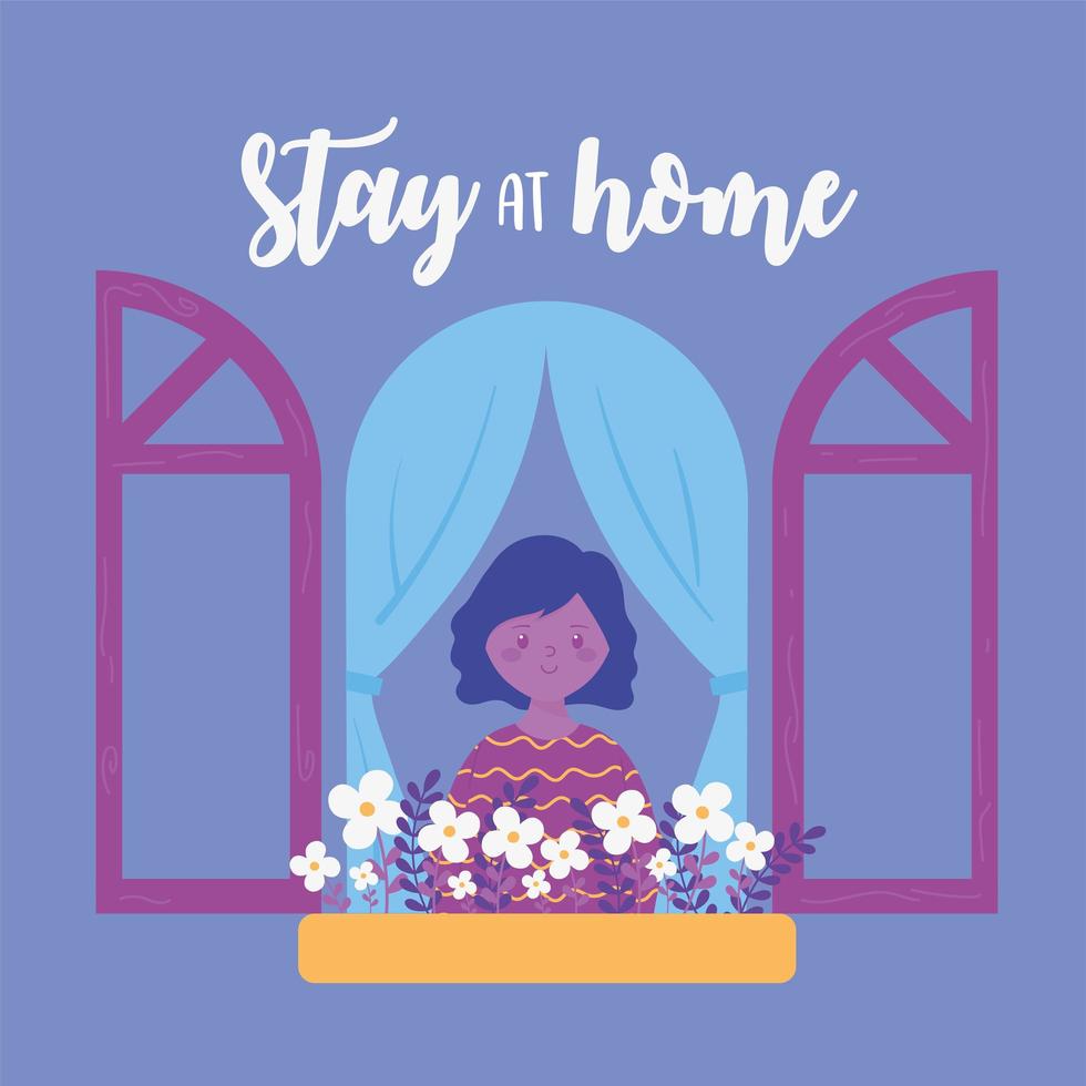 coronavirus messages, stay at home, girl looking window with flowers vector