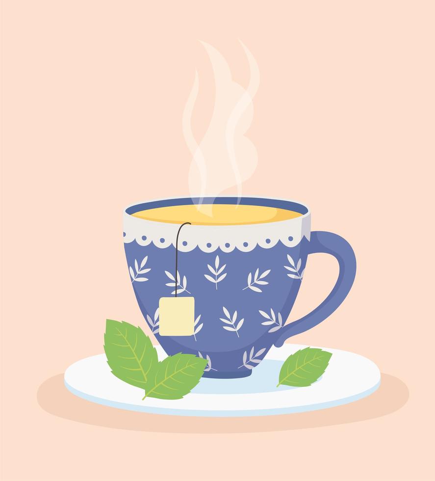 coffee time and tea, cup with tea bag and mint leaves on dish vector