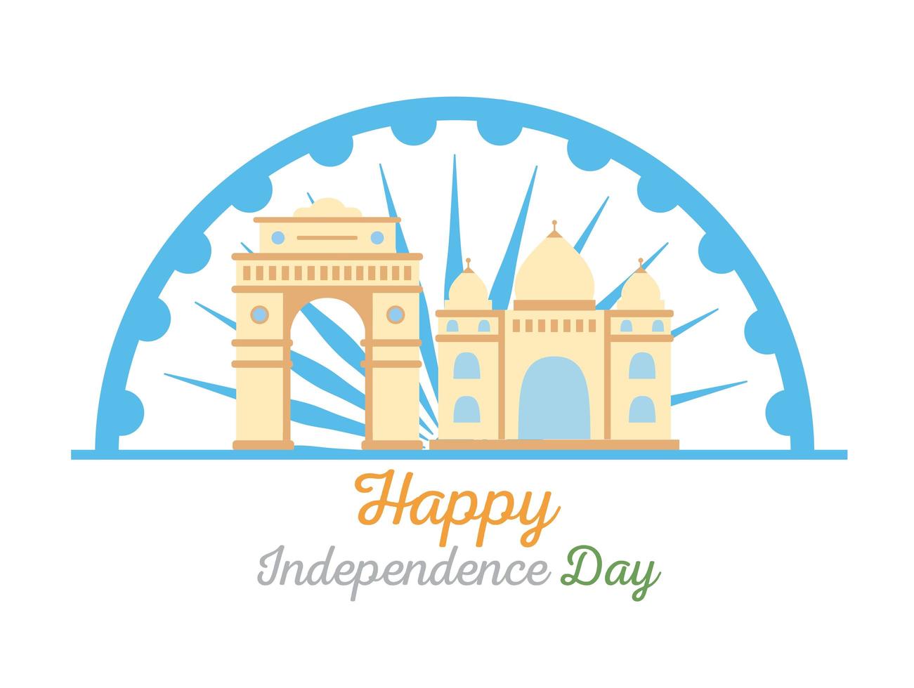 happy independence day india, gate and taj mahal landmark famous country vector