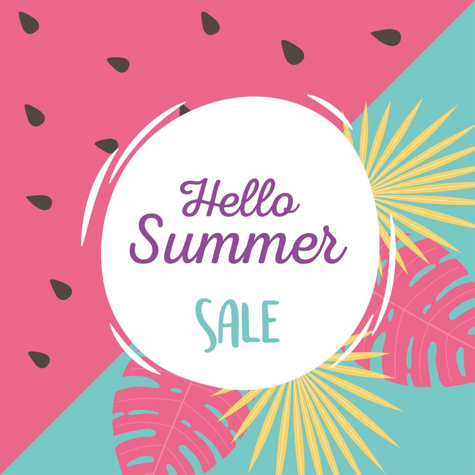 exotic tropical leaves watermelon background, hello summer sale lettering vector