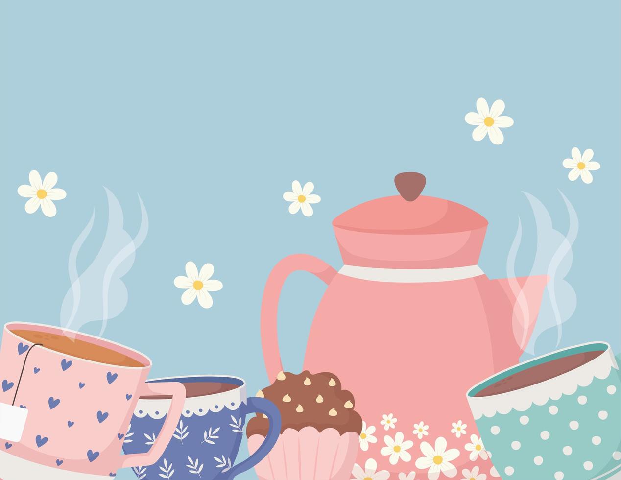 La hora del café y el té, tazas de tetera, cupcakes con decoración de flores. vector