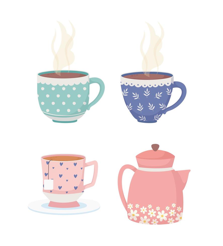 la hora del café y el té, tazas decorativas e iconos de tetera vector