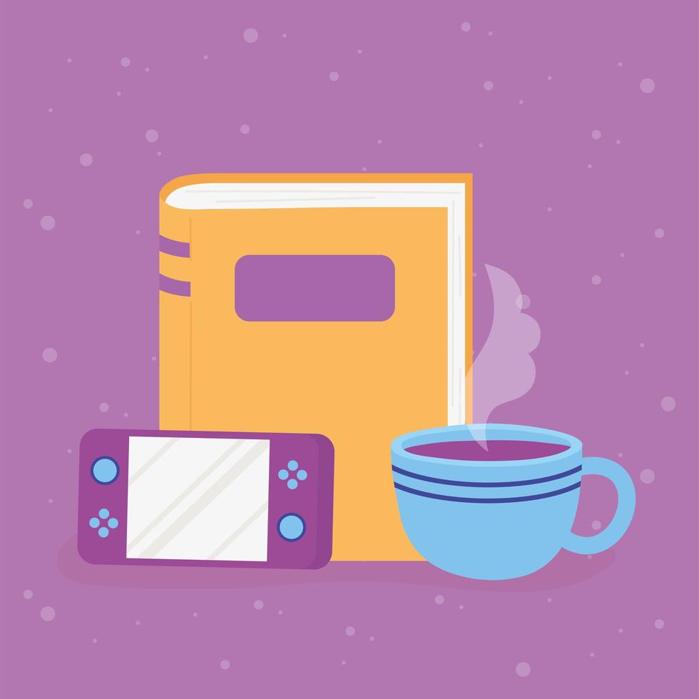 game console book and coffee cup break time cartoon vector