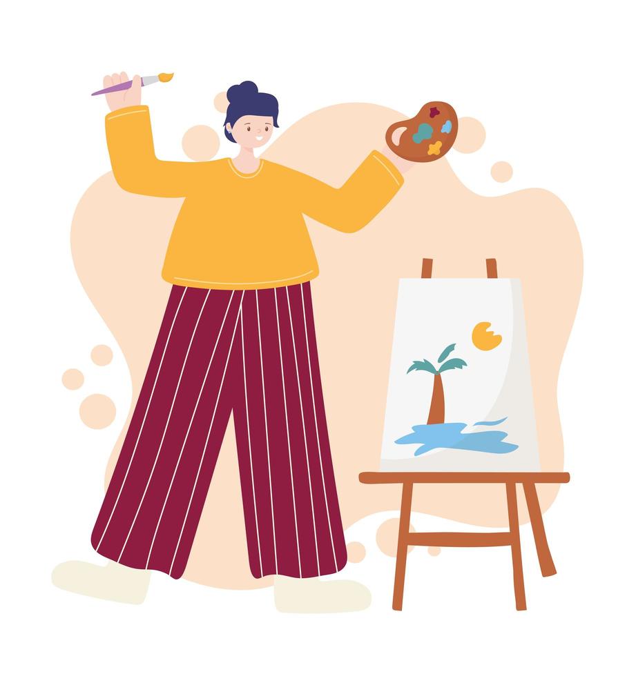 Actividades de personas, mujer artista dibujando una escena tropical sobre lienzo sosteniendo una paleta de colores vector