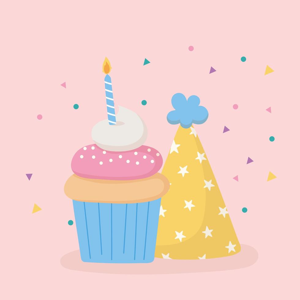 feliz cumpleaños, gorro de fiesta, cupcake dulce con celebración de velas vector