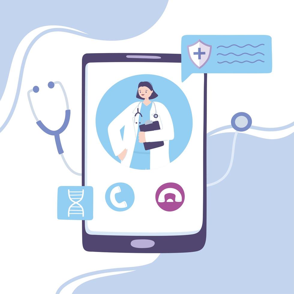 online doctor, female practitioner with stethoscope on the smartphone screen medical advice or consultation service vector