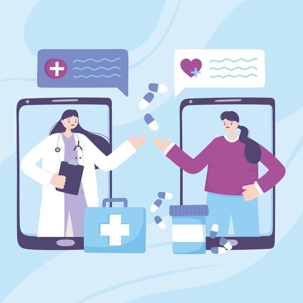 telemedicine, smartphone doctor and patient talking medication prescription vector