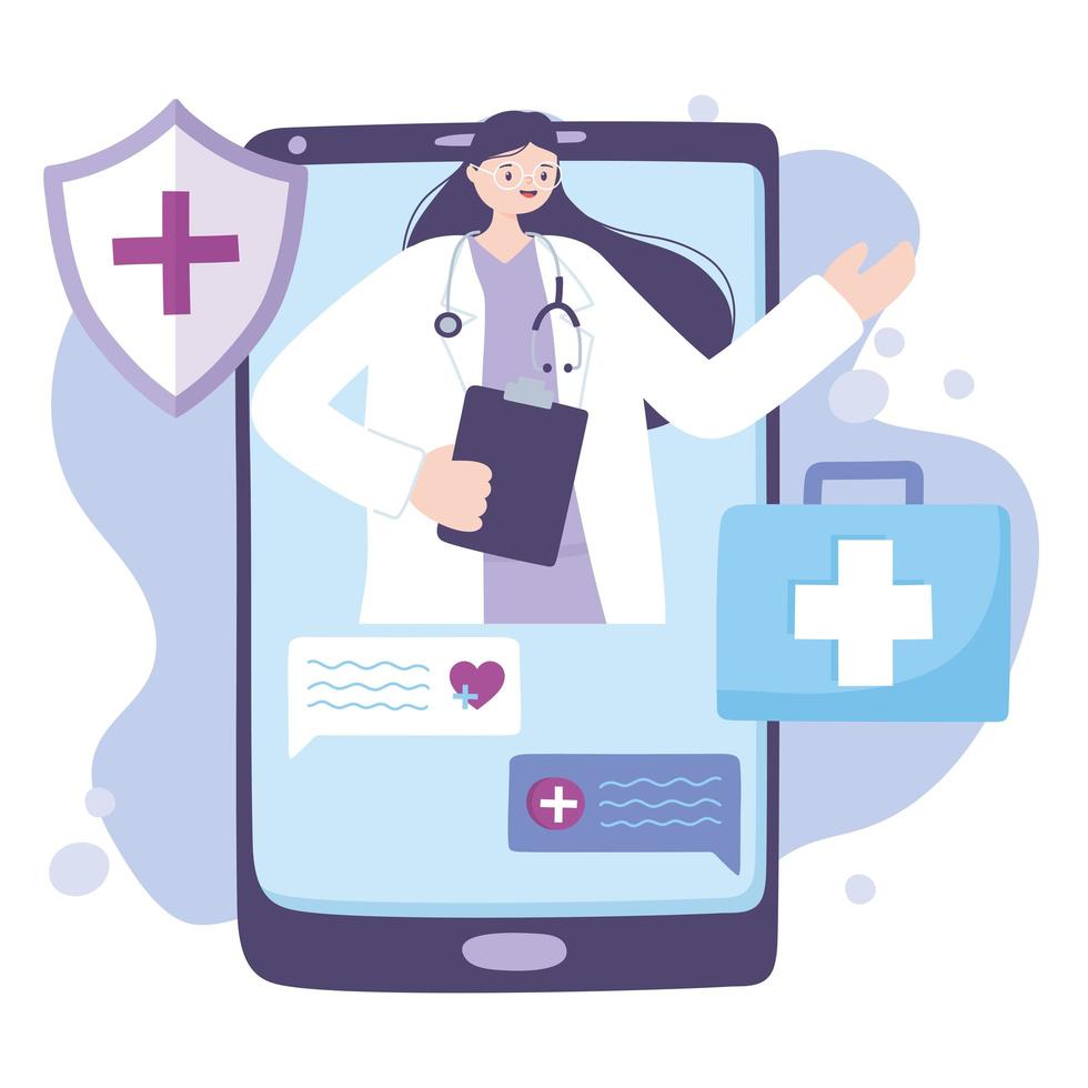 telemedicine, smartphone female doctor chatting consult, assistance online vector