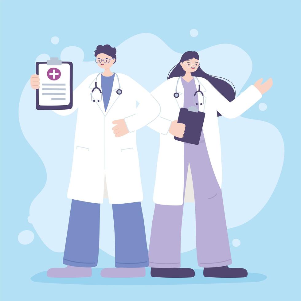 telemedicine, male and female physicians wearing white coats and holding clipboards vector