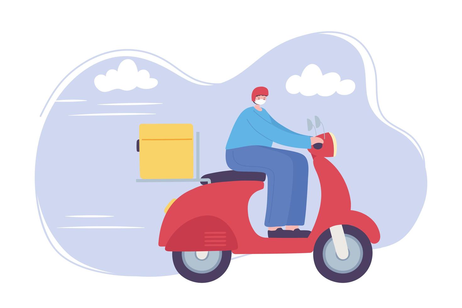 online delivery service, man with mask riding scooter, fast and free transport, order shipping vector