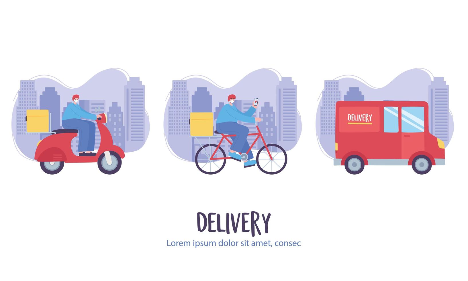 online delivery service, young man in scooter bike and truck, fast and free transport, order shipping vector
