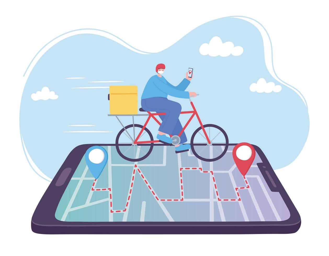 online delivery service, man riding bike on smartphone tracking, fast and free transport, order shipping, app website vector