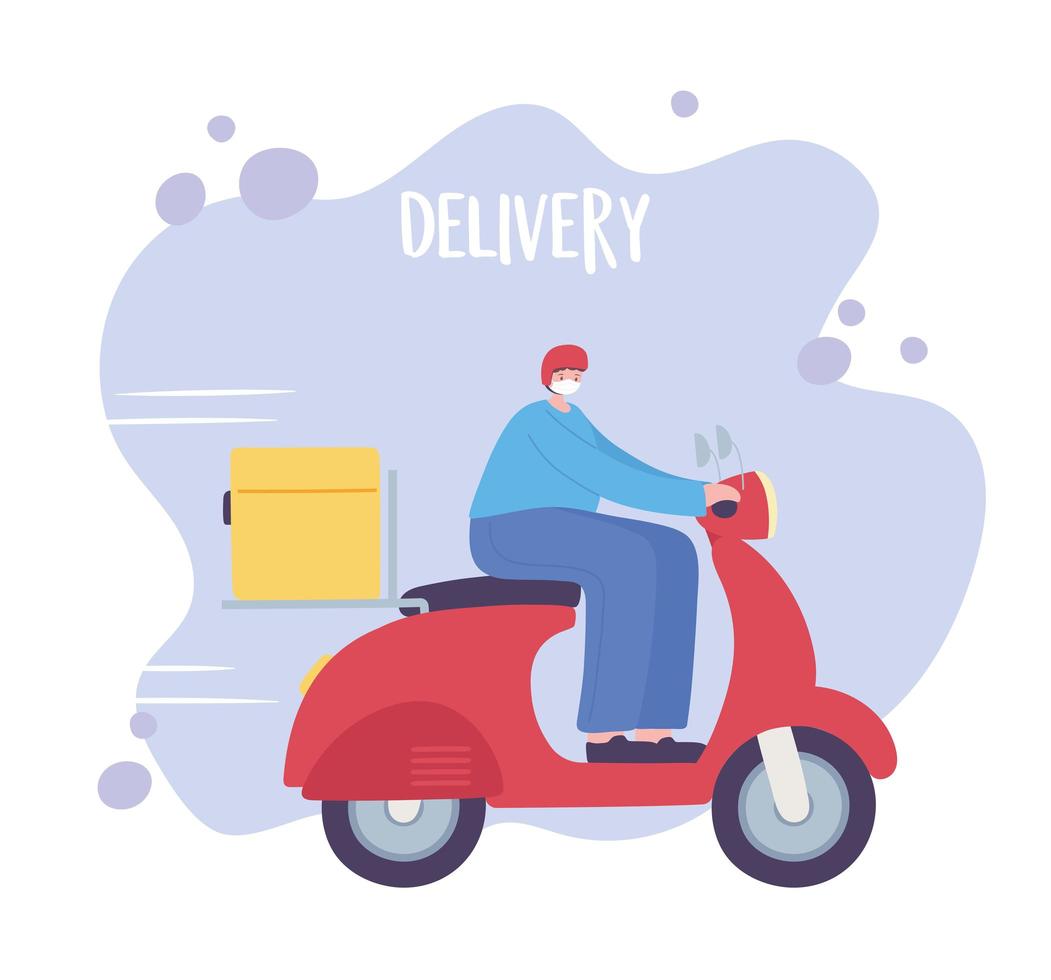 online delivery service, man with medical mask riding motorcycle, fast and free transport, order shipping vector