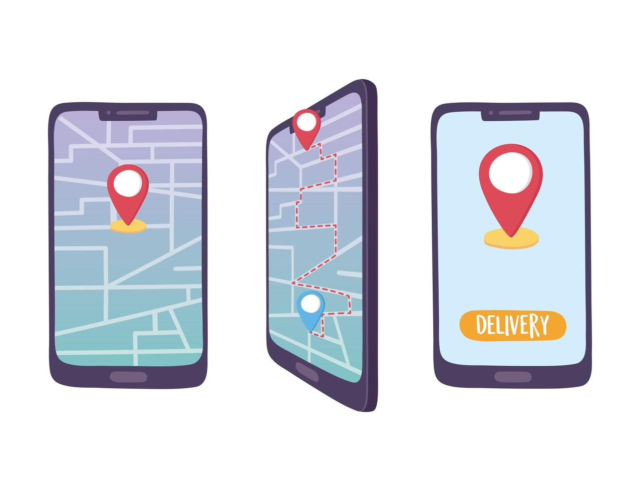 online delivery service, smartphone location navigation map pointer, fast and free transport, order shipping, app website vector