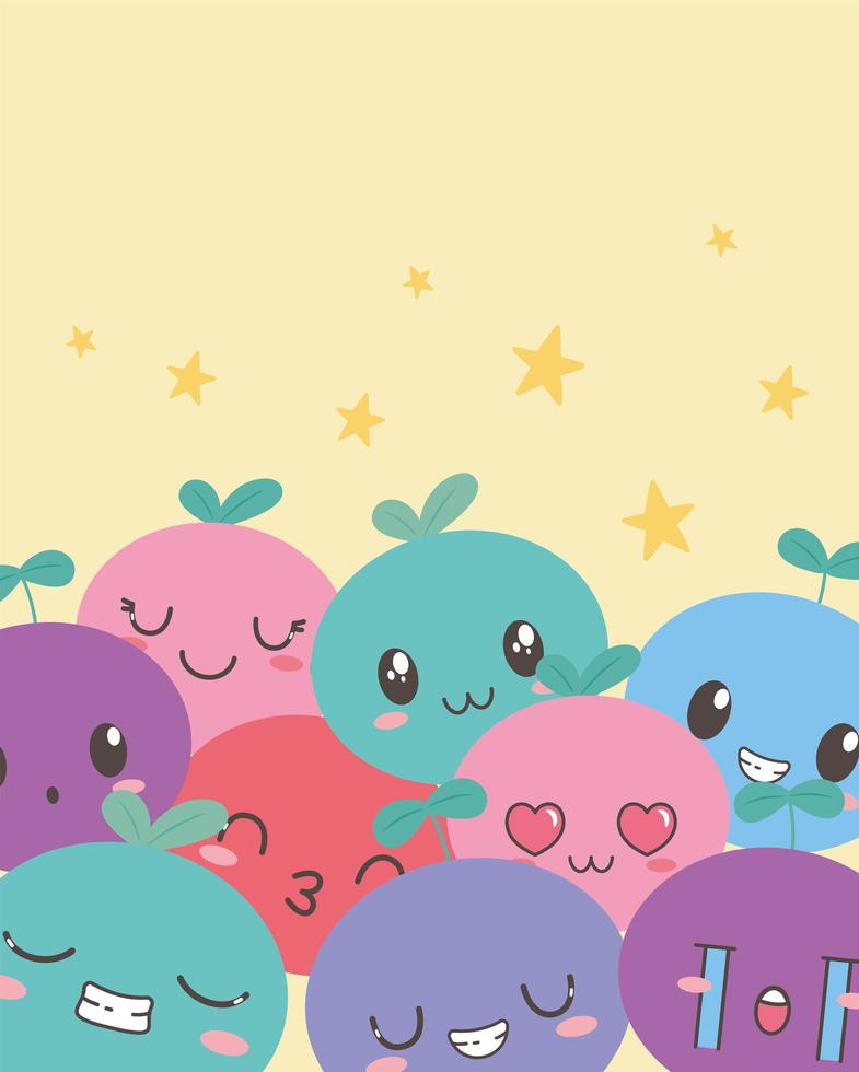 Kawaii frutas graciosas caras diferentes expresión de dibujos animados vector
