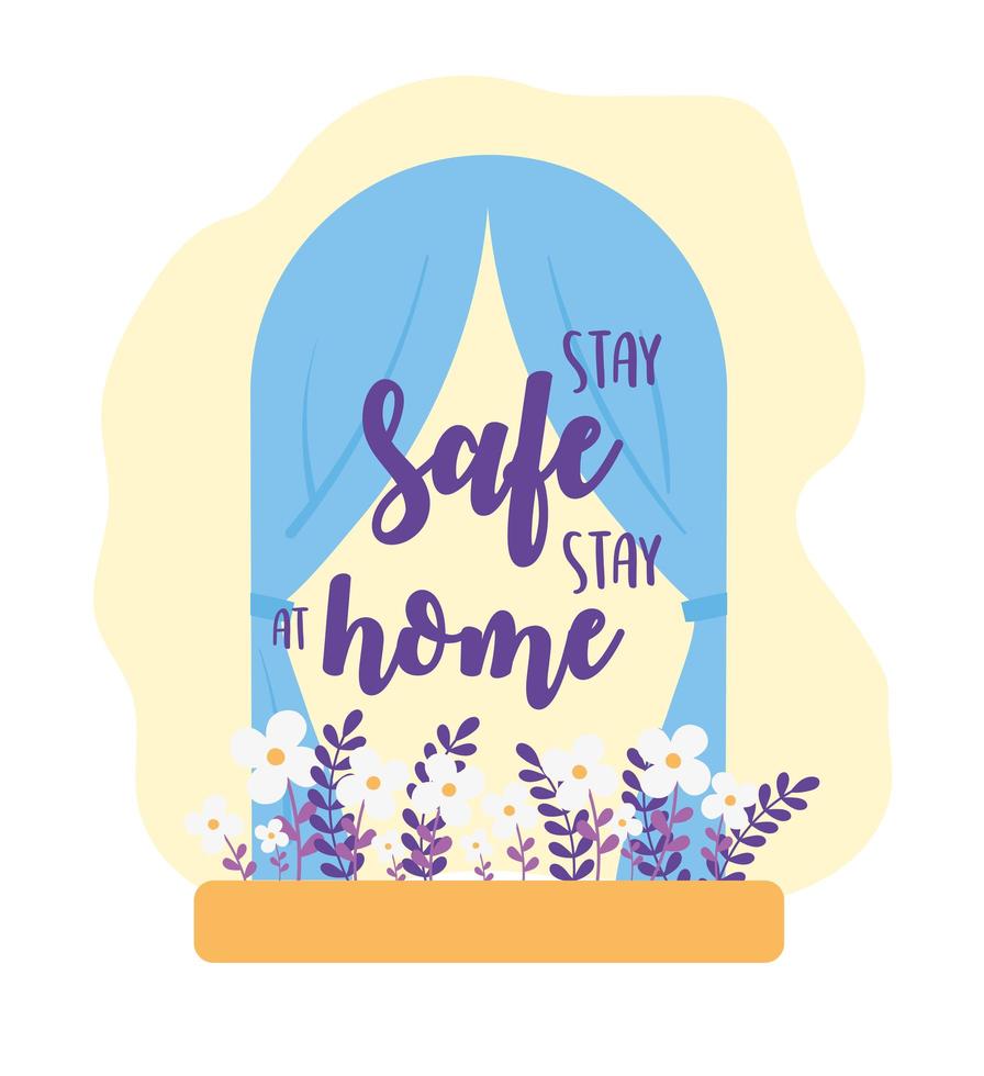 coronavirus messages, stay safe stay at home, window exterior flowers vector