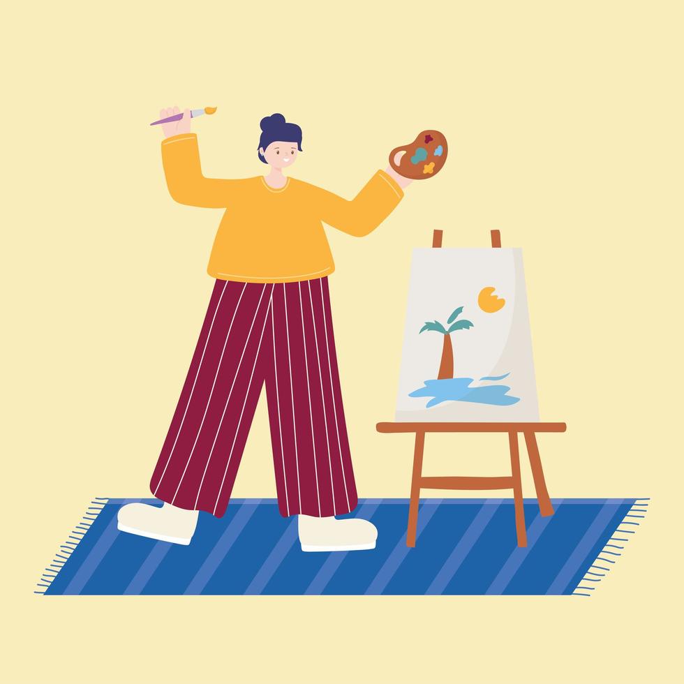 actividades de personas, mujer pintando un paisaje de verano. vector