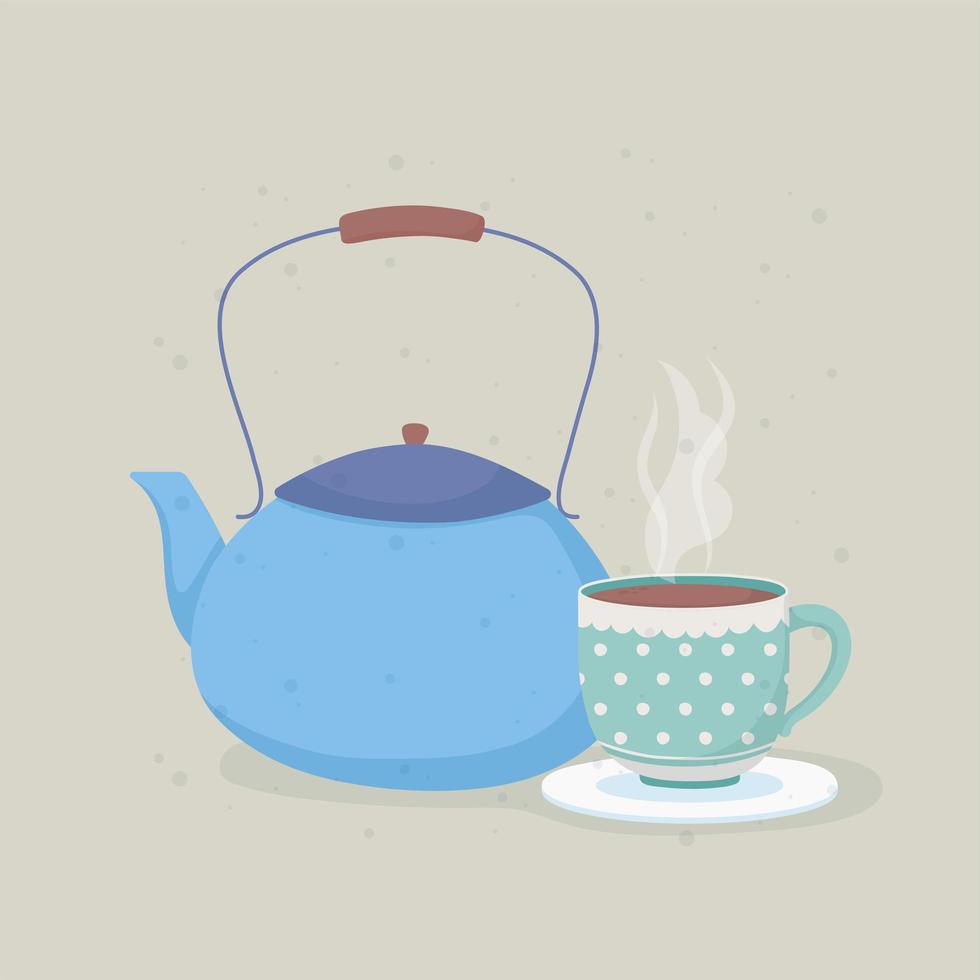 La hora del café y el té azul tetera y taza con plato. vector