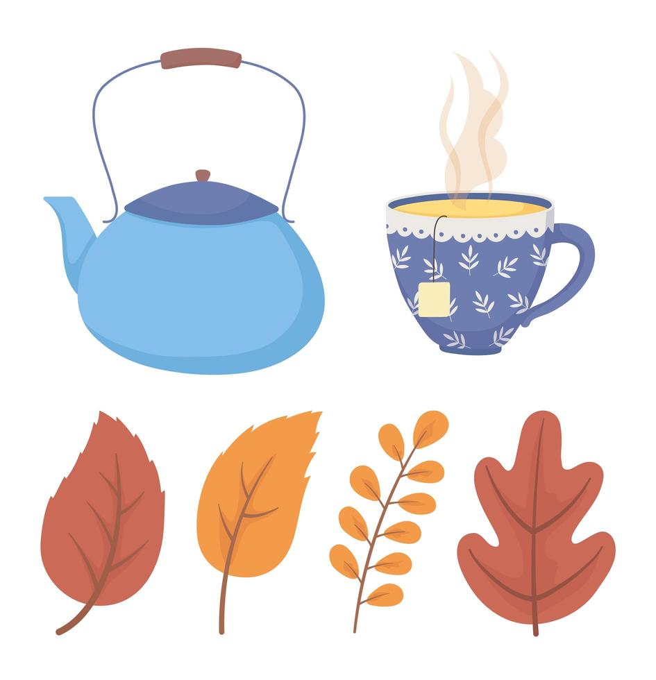 coffee time and tea, blue tea pot and cup with leaves icons vector