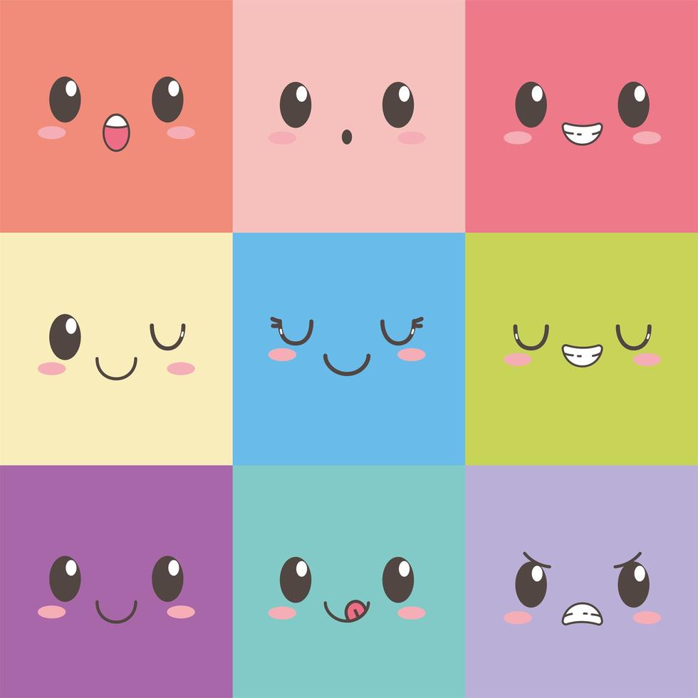 kawaii, caras, expresión, caricatura, emoticon, cuadrado, color, conjunto vector