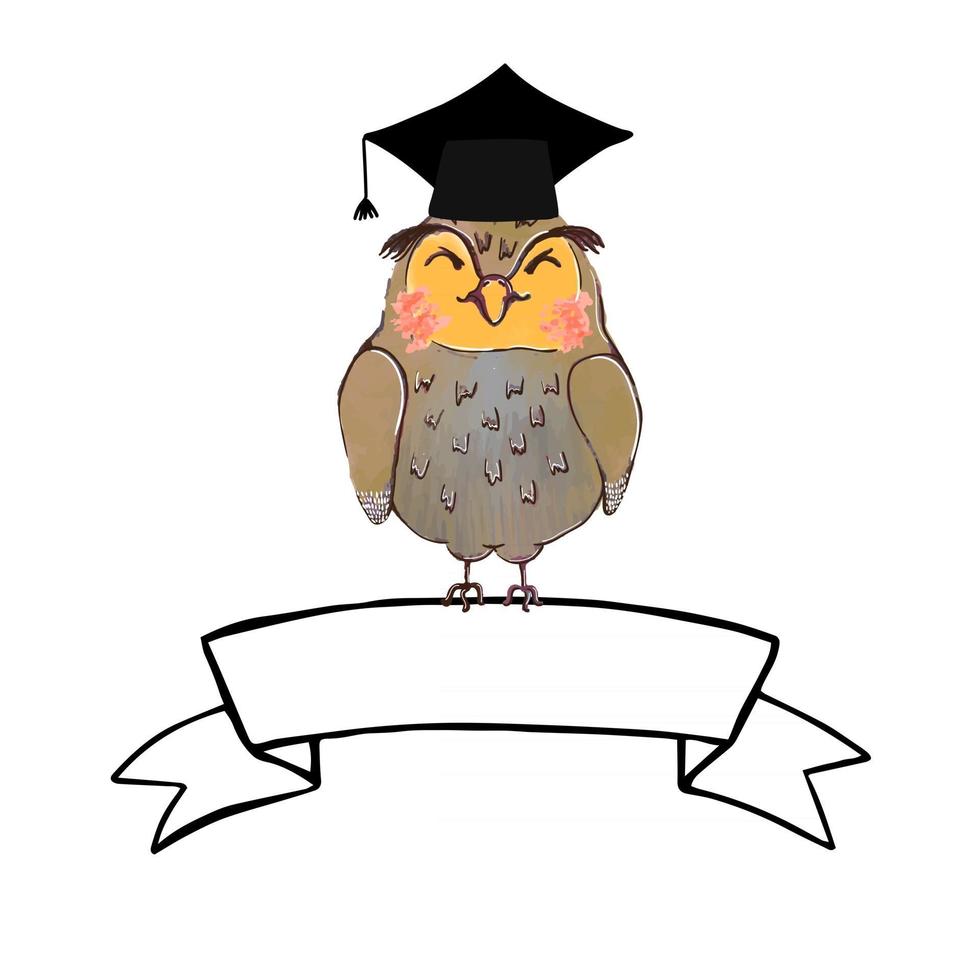 Vector colorful illustration of cute owl in graduate cap and ribbon banner