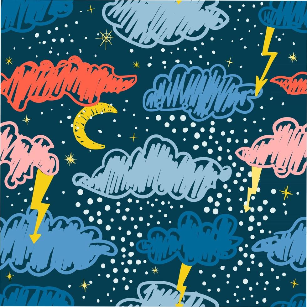 vector patrón transparente moderno con coloridas ilustraciones de sorteo a mano del cielo nocturno. se puede utilizar para papel tapiz, rellenos de patrones, páginas web, texturas superficiales, impresión textil, papel de regalo, presentaciones