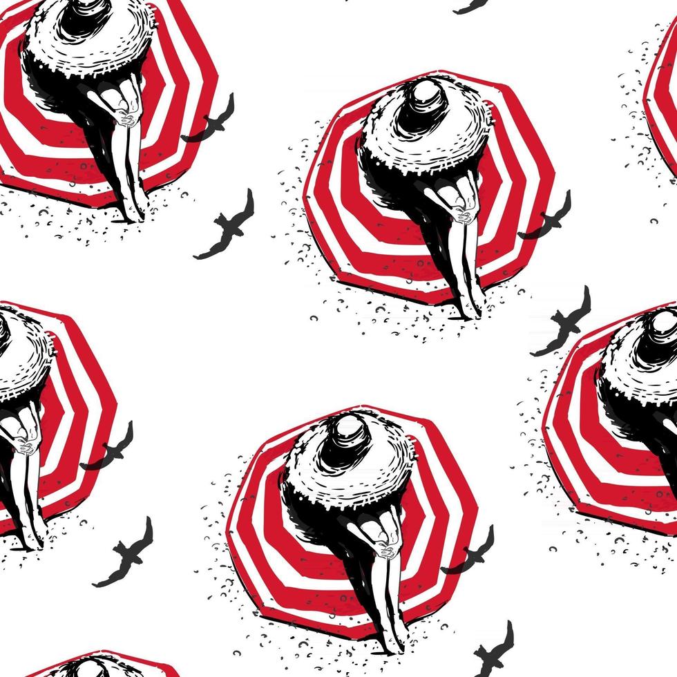 Vector seamless background with colorful illustration of girl in hat on a beach in a modern style. Can be used for wallpaper, pattern fills, web page, textures, textile print, wrapping paper