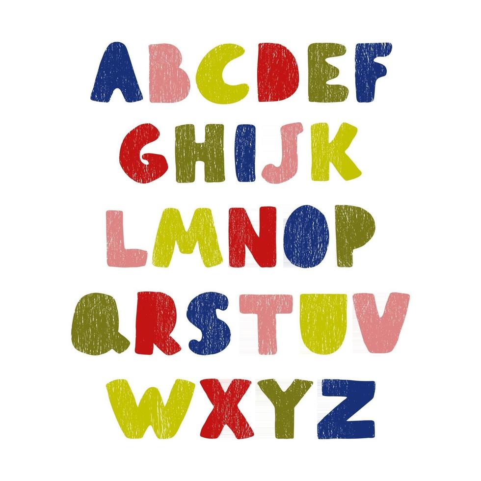 Vector cute colorful alphabet for kids. Can be used as elemets for your design for greeting cards, nursery, poster, card, birthday party, packaging paper design, baby t-shirts prints