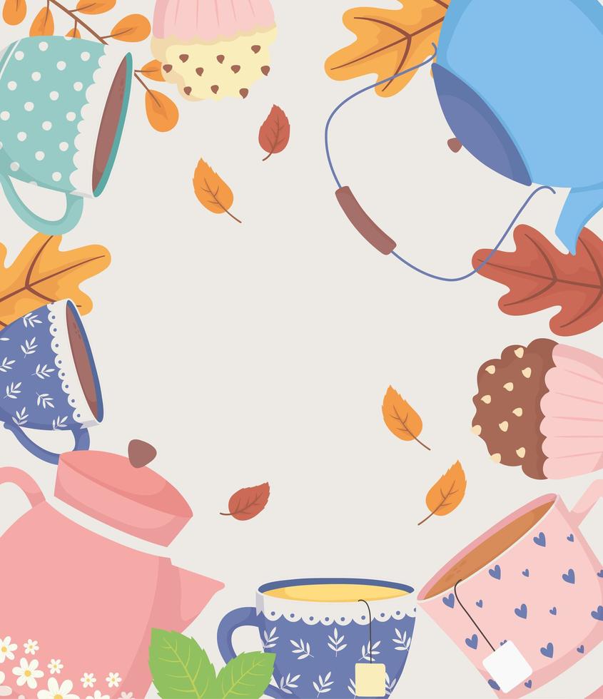 La hora del café y el té, hervidores y tazas, cupcake dulce y cartel de decoración de hojas. vector