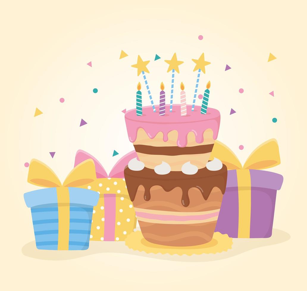 happy birthday, cake candles stars and gift boxes surprise celebration vector