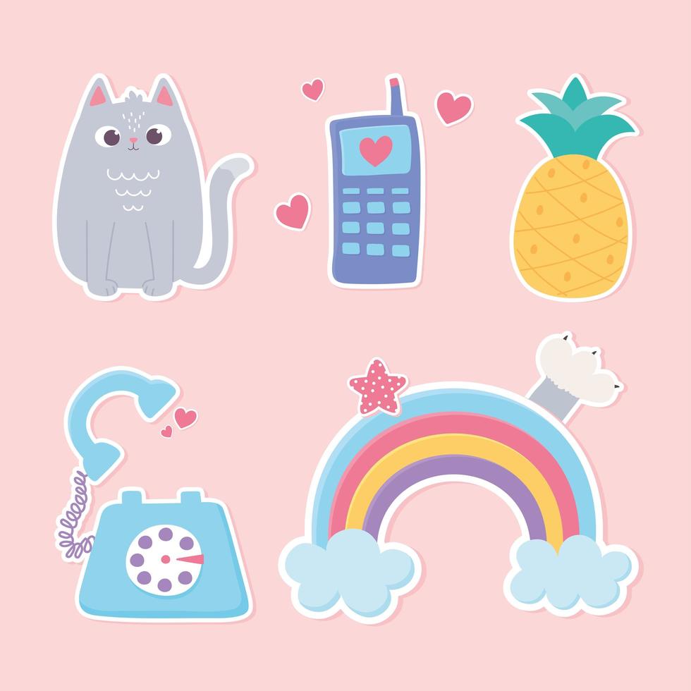 stickers decoration cartoon rainbow and pineapple style vector