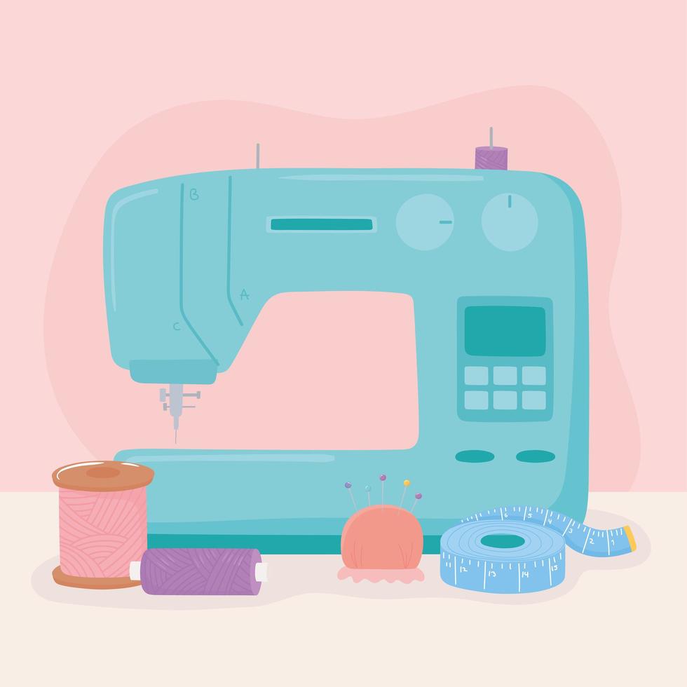 sewing machine spools of thread and measuring tape tools vector