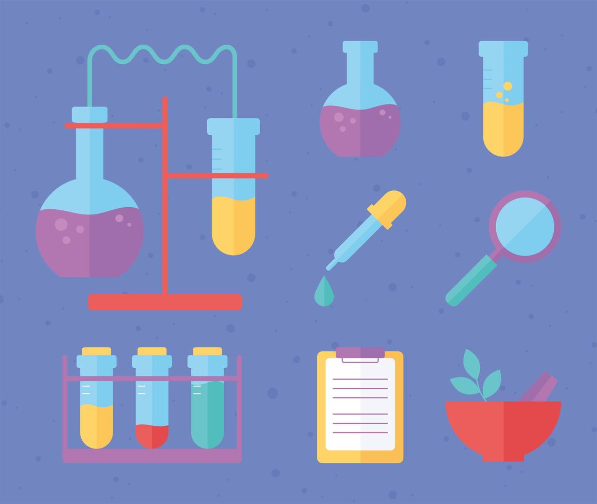 chemistry science education laboratory sample icons, flat style vector