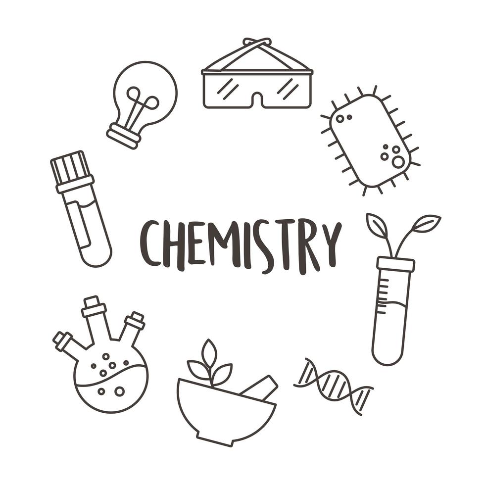 chemistry science test tube mortar bacteria plant and glasses, line style vector