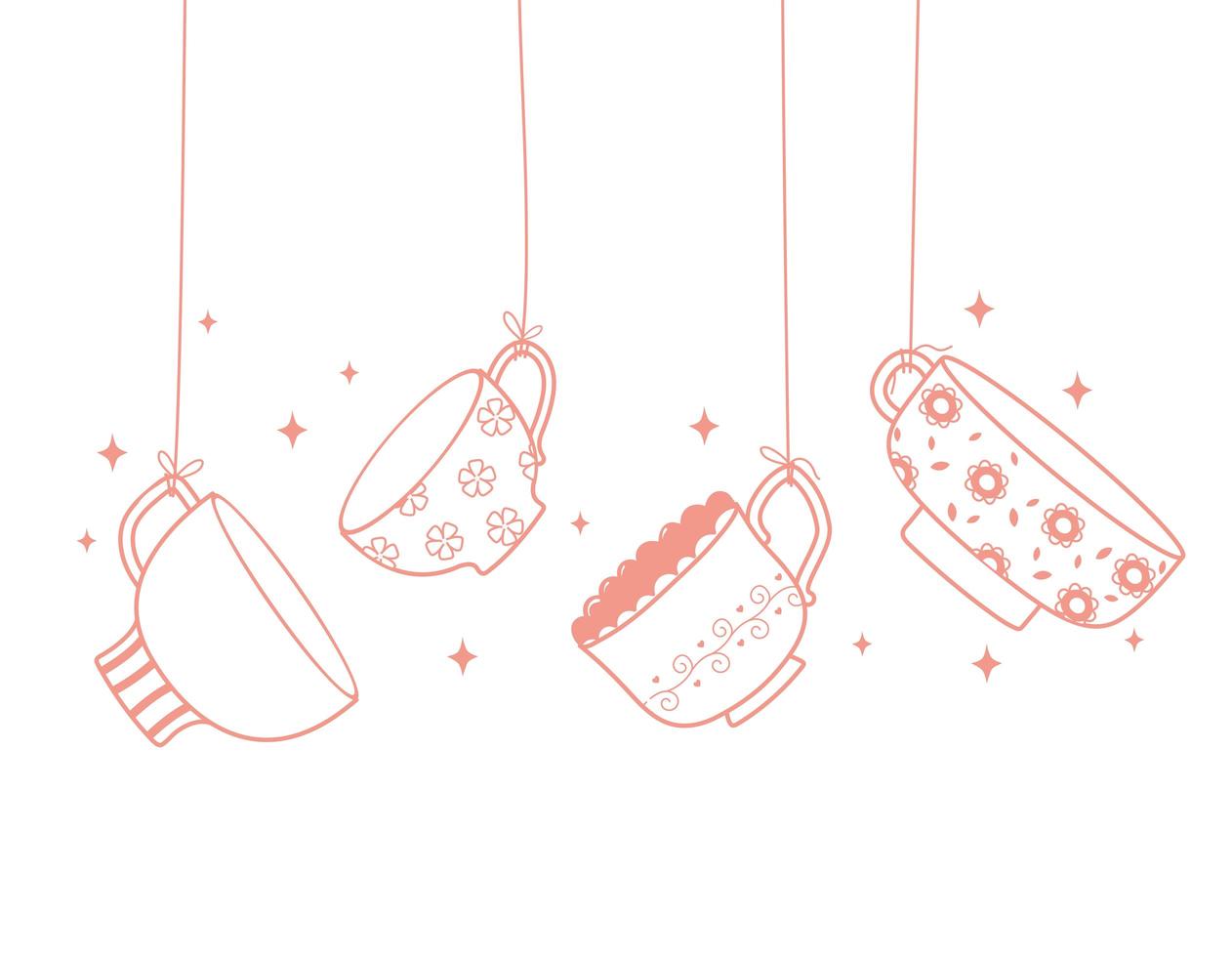 tea and coffee hanging delicate cups decoration, line style vector